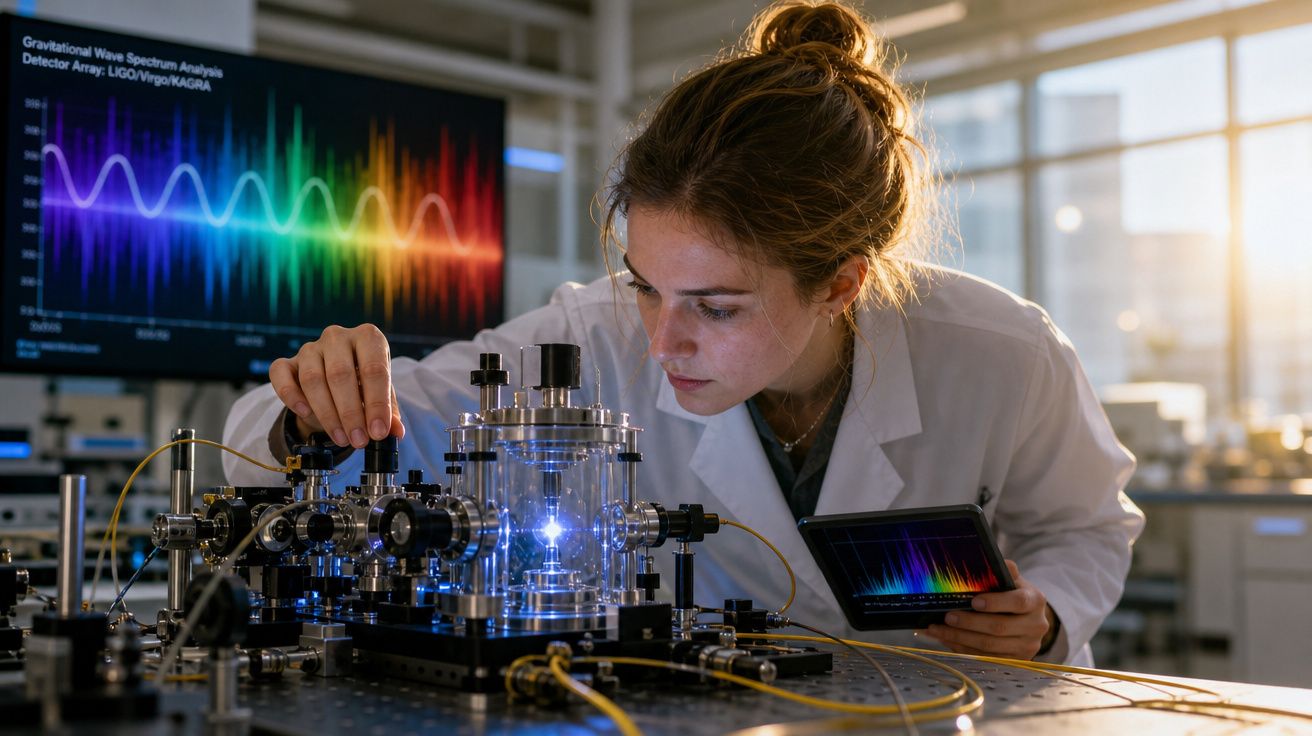 Cientista mulher em laboratório a ajustar equipamento óptico, com gráficos de espectro de ondas gravitacionais no ecrã e tabl