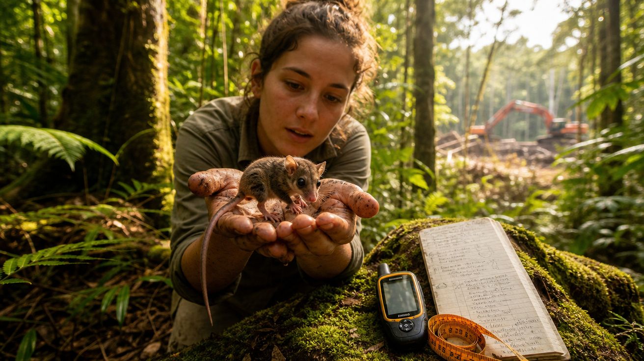 Mulher segura pequeno rato numa floresta, com caderno, fita métrica e GPS sobre tronco coberto de musgo.