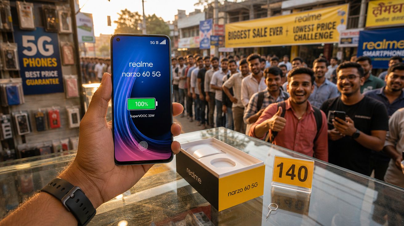 Pessoa segura telemóvel Realme Narzo 60 5G com fila de pessoas à espera na loja atrás.
