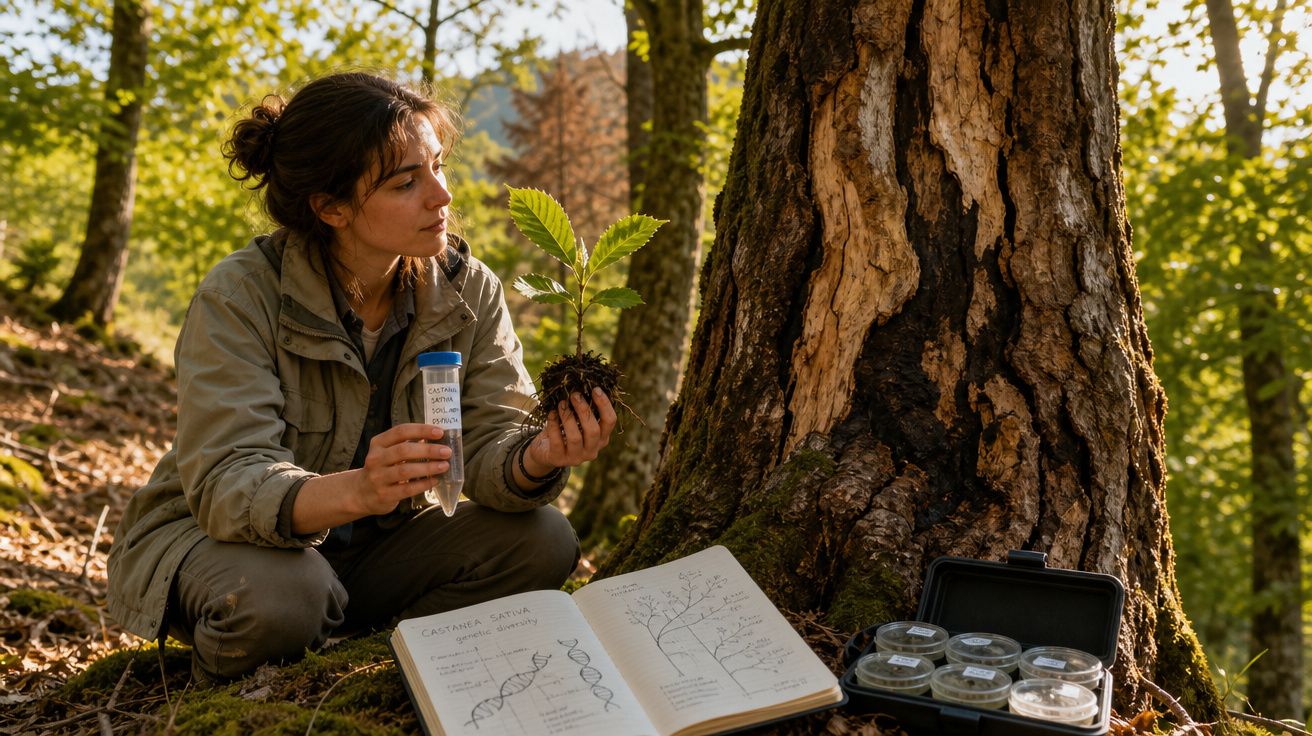 Mulher estudiosa examina uma planta jovem perto de uma árvore, com caderno aberto e amostras à sua frente na floresta.