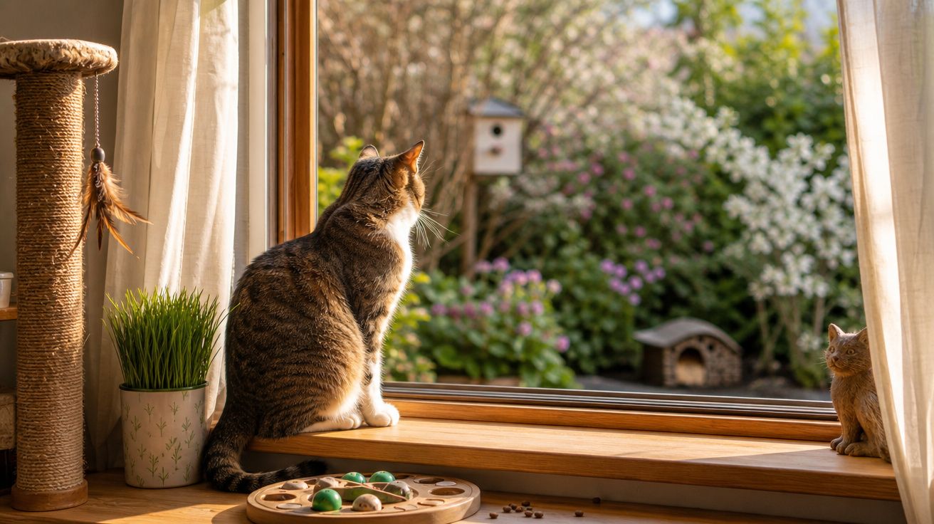 Gato sentado num peitoril de janela a observar um jardim florido, com arranhador e planta ao lado.