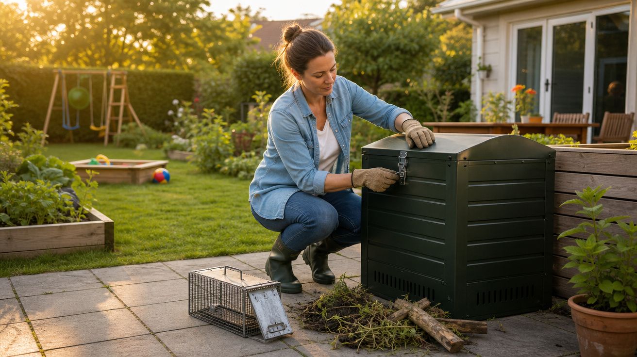 Mulher a colocar tampa em compostor no jardim com frutas e paus ao lado durante o pôr do sol.