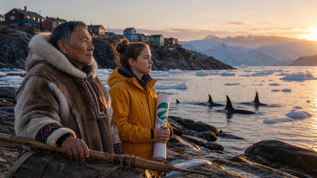 Homem com traje tradicional e mulher com casaco amarelo observam orcas numa costa gelada ao pôr do sol.