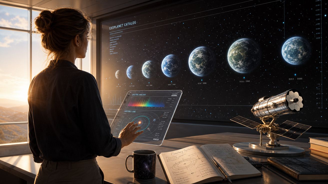 Mulher a estudar exoplanetas numa mesa com tablet, livros, modelo de telescópio e gráfico do sistema planetário.