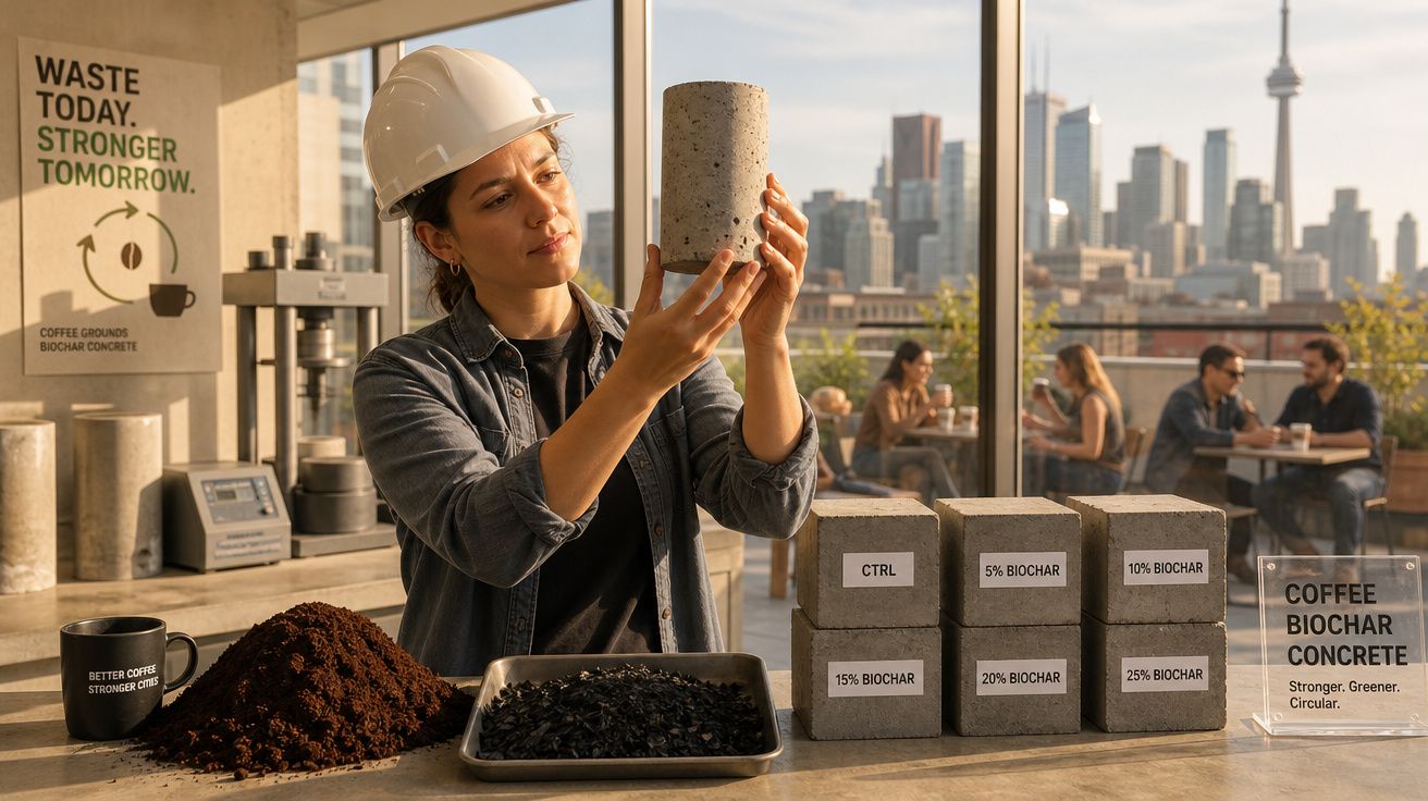 Mulher com capacete a inspecionar bloco de concreto feito com biochar de borra de café numa sala com vista para a cidade.