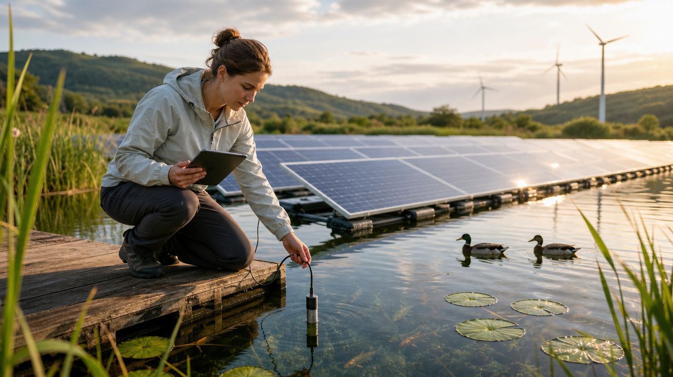 Mulher com tablet recolhe dados da água junto a painéis solares flutuantes e patos num lago natural.