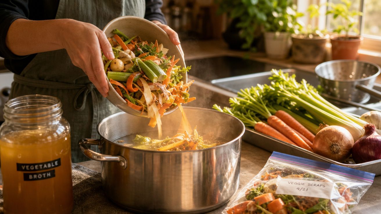 Pessoa a adicionar restos de legumes a uma panela para fazer caldo de legumes caseiro na cozinha.