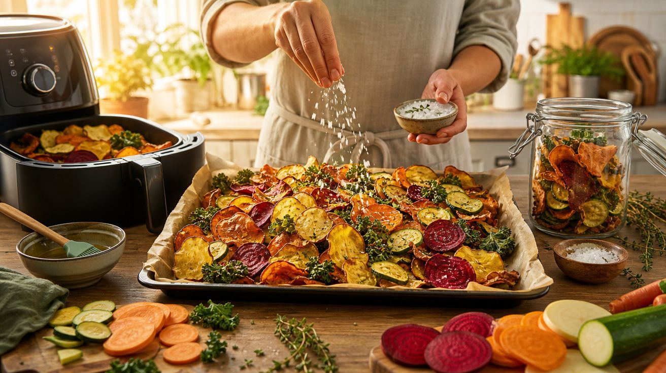Pessoa a polvilhar sal em tabuleiro com chips coloridos de vegetais numa cozinha luminosa.