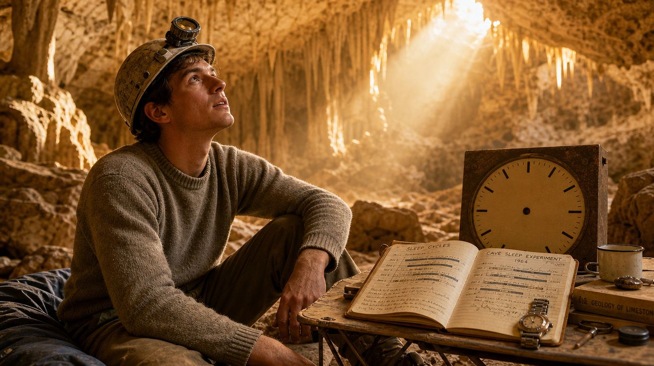Homem com capacete de mineração sentado numa caverna iluminada por luz natural, rodeado de livros e relógios.