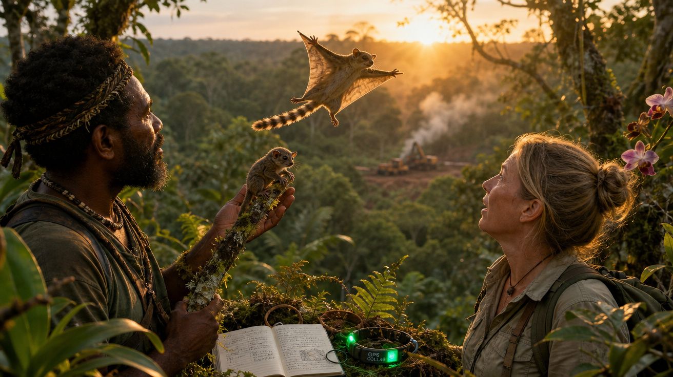 Homem e mulher observam lémure a planar ao pôr do sol na floresta densa, com notas e equipamentos ao lado.