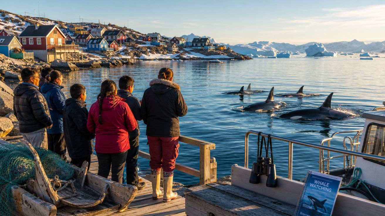 Turistas observam orcas na água junto a um cais em vila costeira com casas coloridas e icebergues ao fundo.