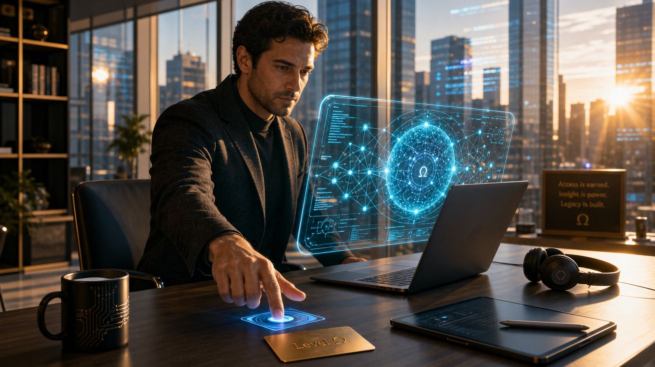 Homem a interagir com tecnologia futurista holográfica numa mesa de escritório com laptop e tablet.