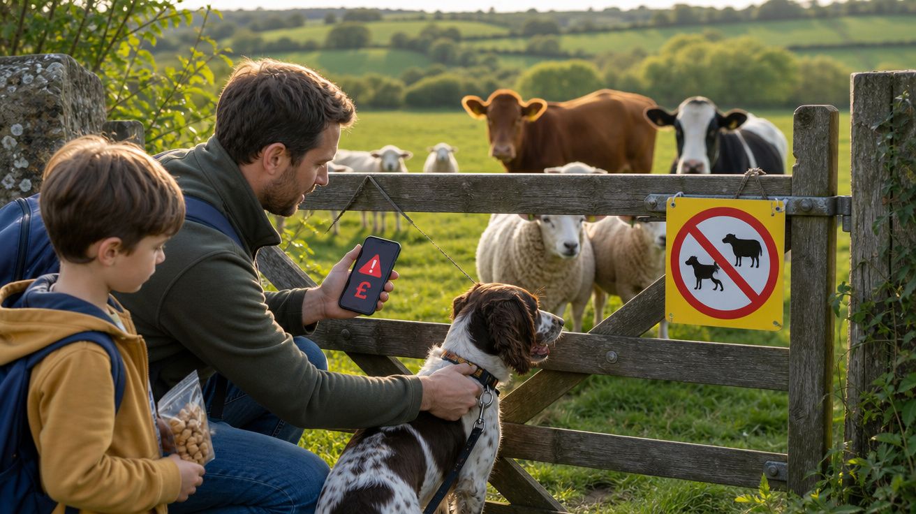 Homem e criança com cão junto a portão com placa de animais proibidos, vacas e ovelhas no campo ao fundo.