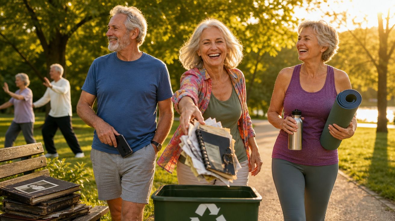 Três idosos felizes a reciclar papéis e a caminhar num parque ao final da tarde ensolarada.