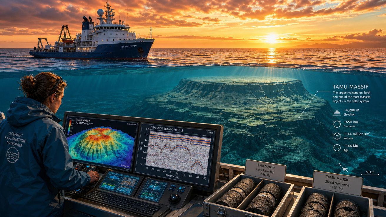 Investigadora analisa dados submarinos do Planalto de Tamu em estação de exploração oceânica ao pôr do sol.