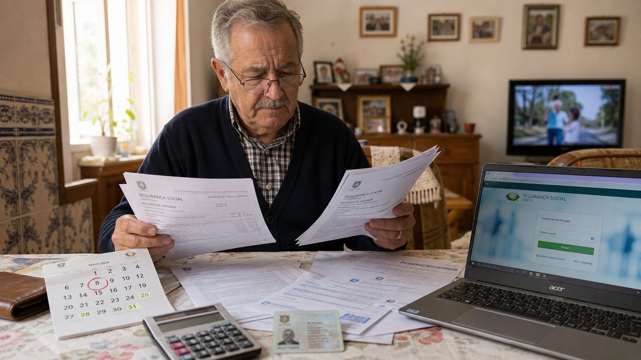 Idoso sentado à mesa, a analisar documentos da Segurança Social com computador e calculadora.