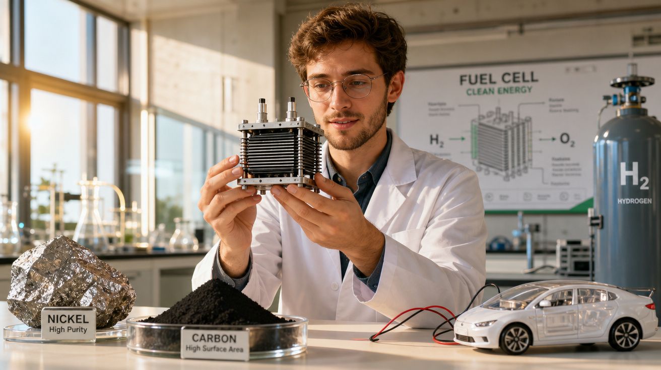 Homem com bata de laboratório segura célula de combustível num laboratório com amostras de níquel, carbono e carro elétrico.