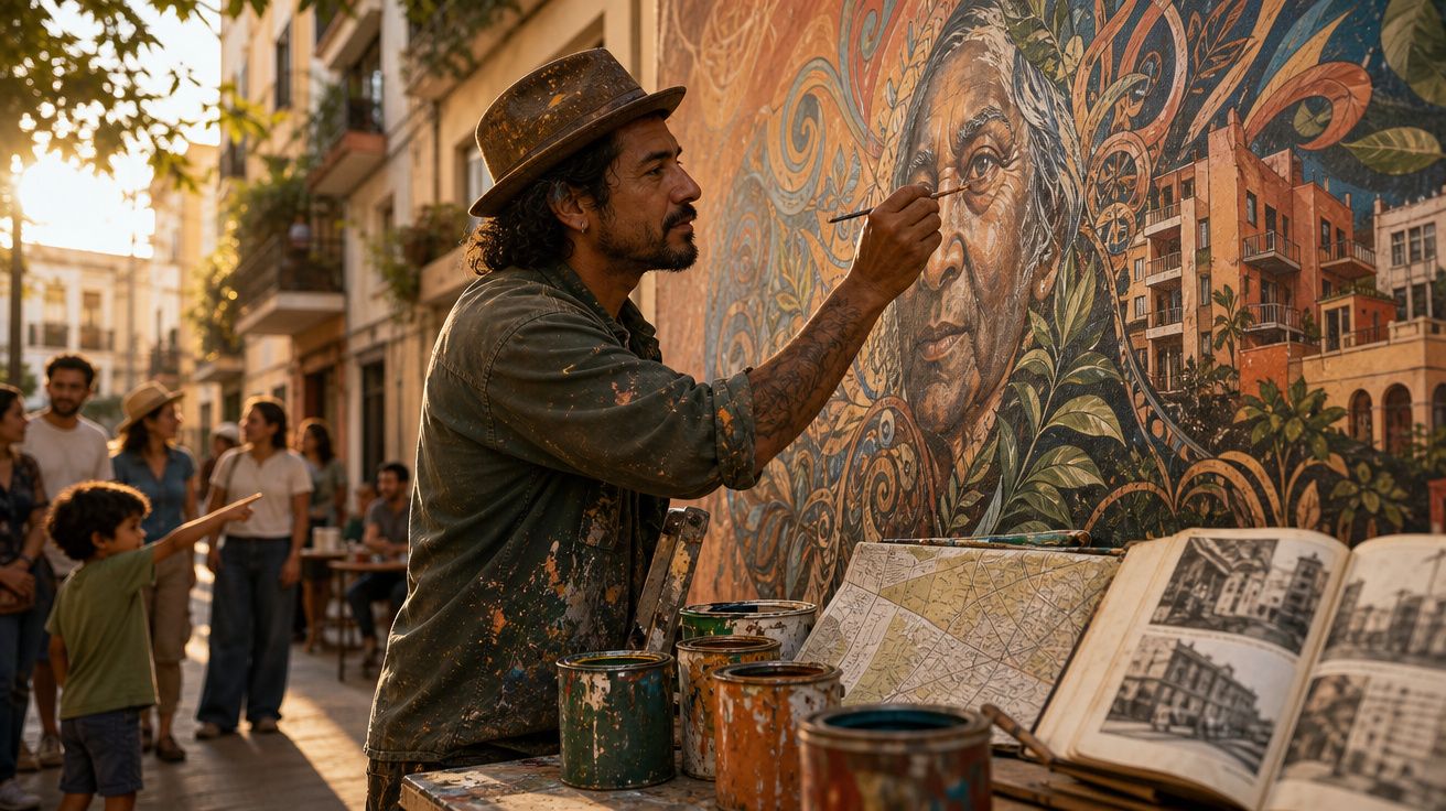 Artista debruçado a pintar retrato detalhado numa parede urbana com público a observar ao fundo ao fim da tarde.
