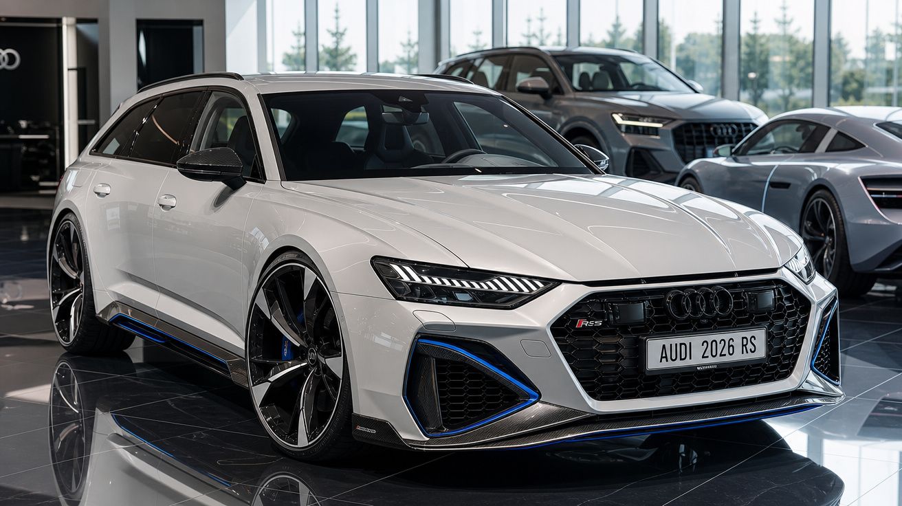 Carro desportivo Audi RS branco em showroom moderno com piso refletor e janelas amplas ao fundo.