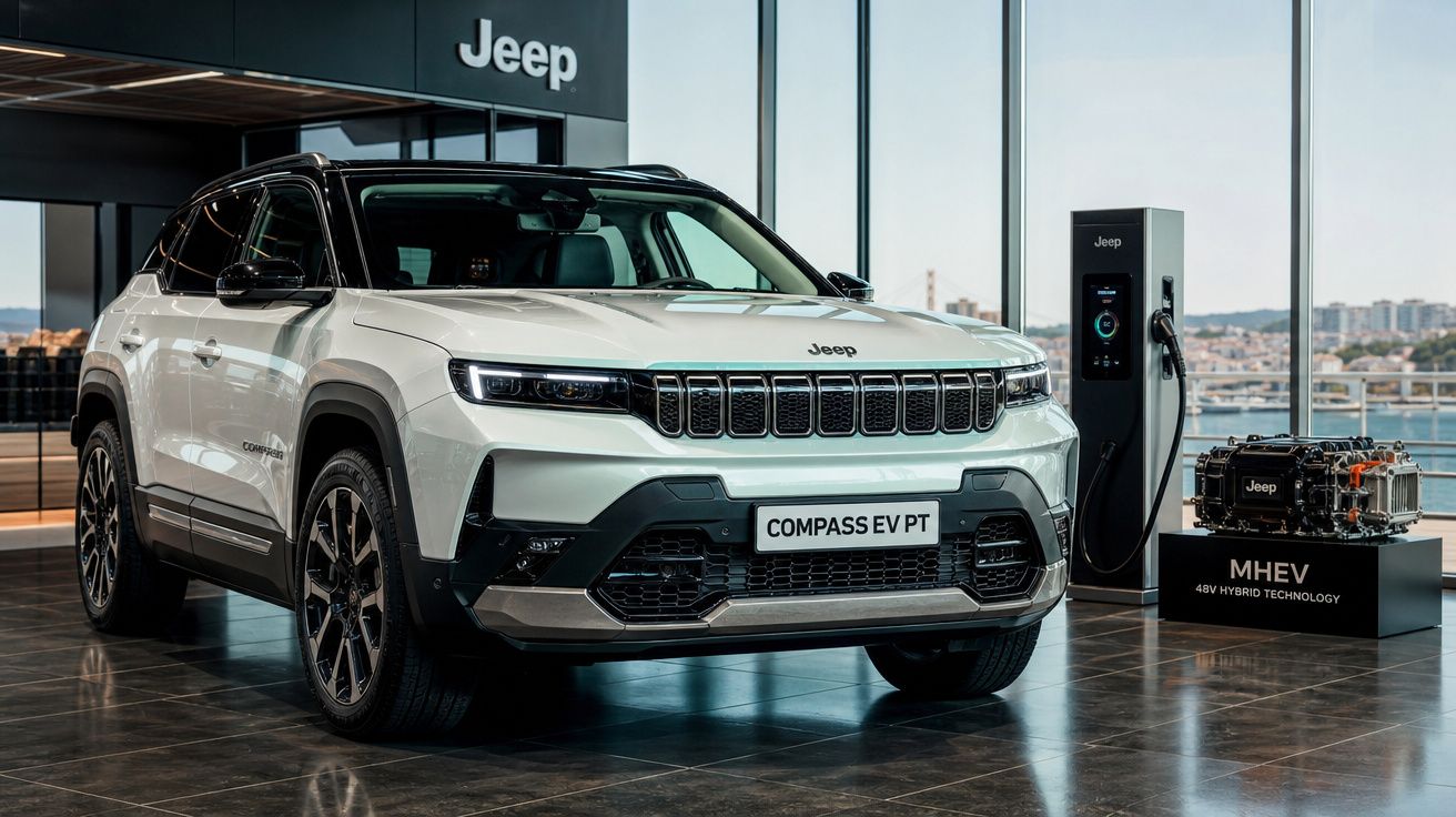 Carro elétrico Jeep Compass EV branco na exposição com estação de carregamento e motor híbrido em destaque.