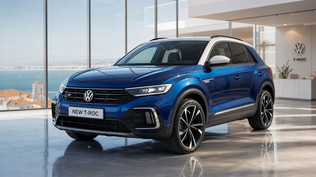 Volkswagen T-Roc azul estacionado numa sala moderna com janelas grandes e vista para o mar.