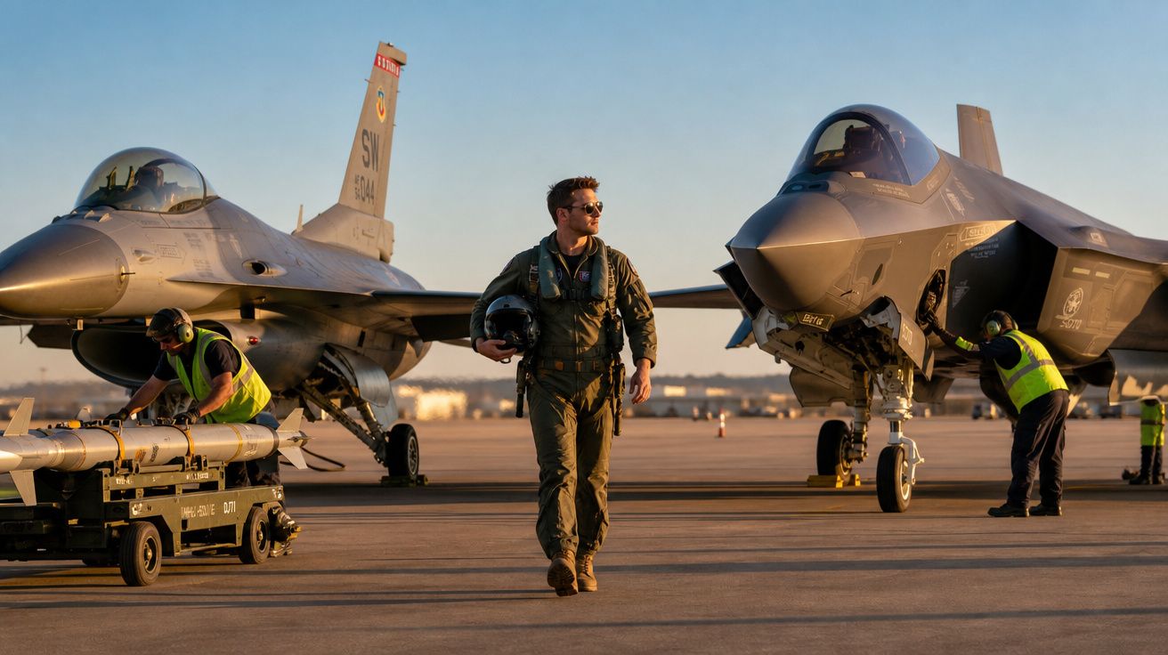 Piloto militar com fato de voo e óculos de sol caminha entre dois aviões de caça numa pista ao pôr do sol.