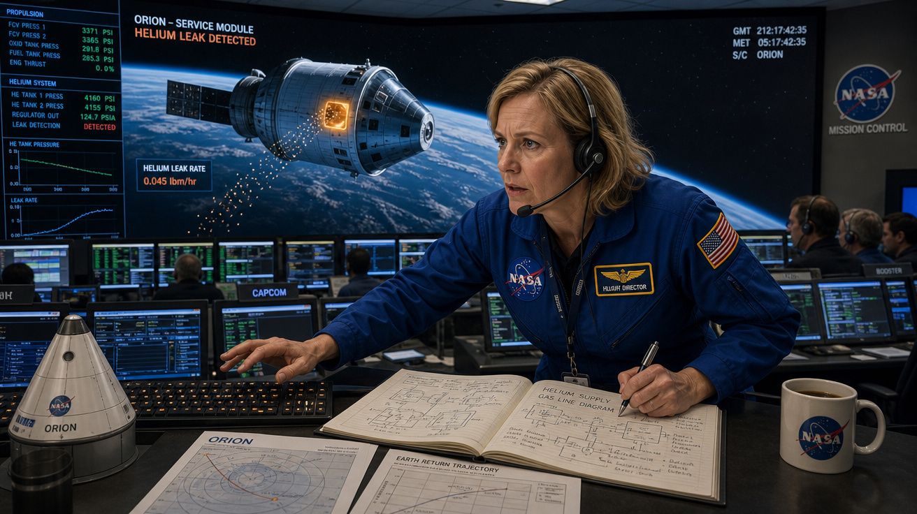Controladora da NASA no centro de controlo da missão Orion, com gráficos de nave espacial e anotações técnicas à sua frente.