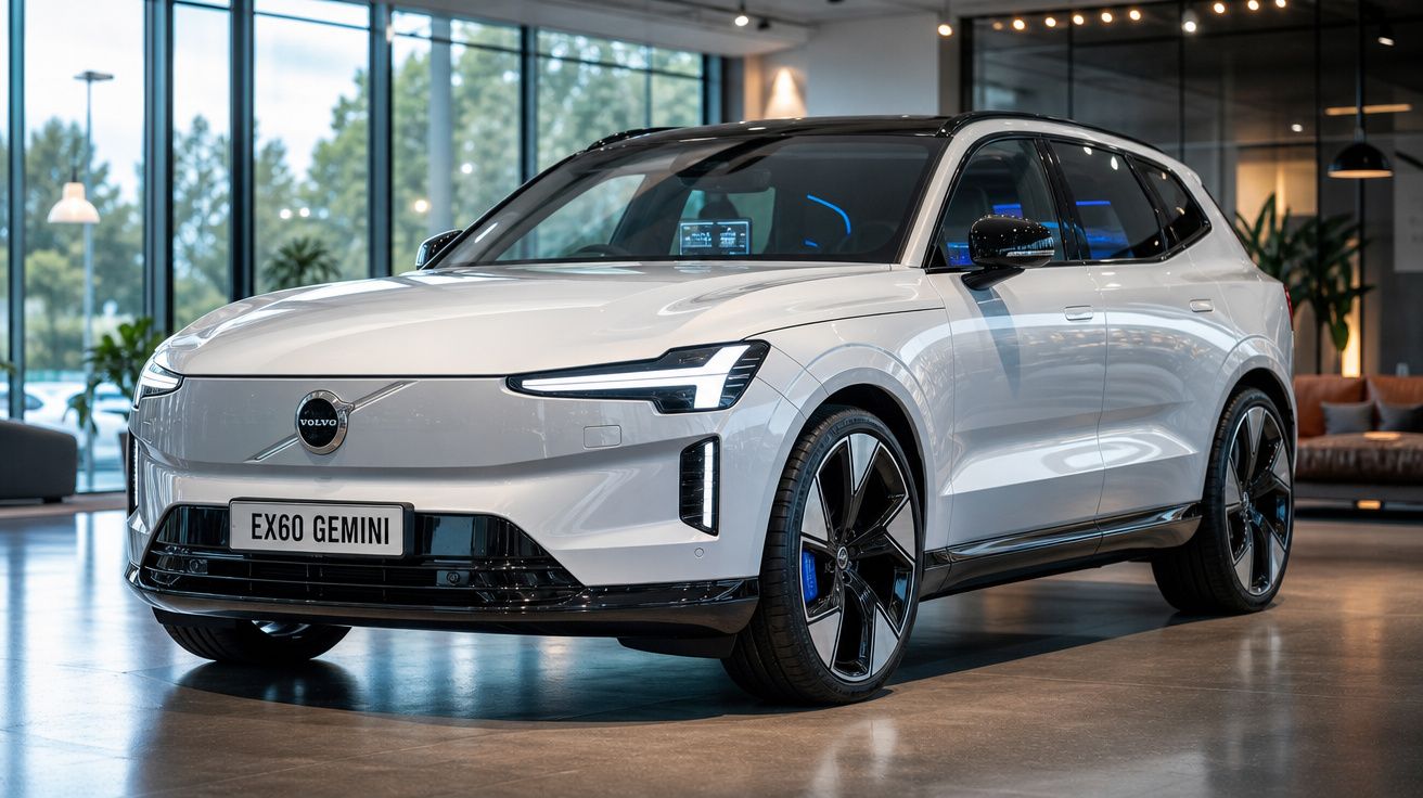 Automóvel Volvo EX60 Gemini branco exposto numa sala moderna com grandes janelas.