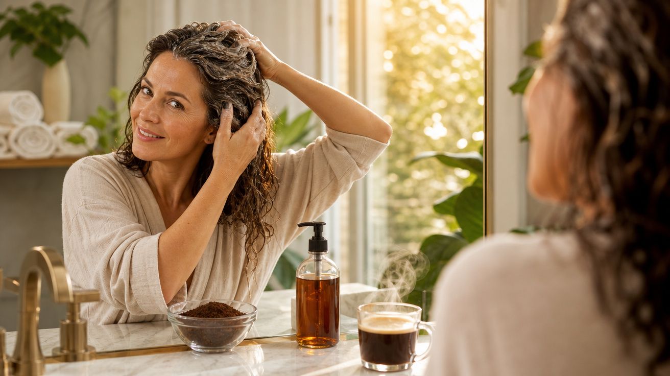 Mulher a aplicar máscara de cabelo numa casa de banho, com café e planta no balcão iluminado pelo sol.