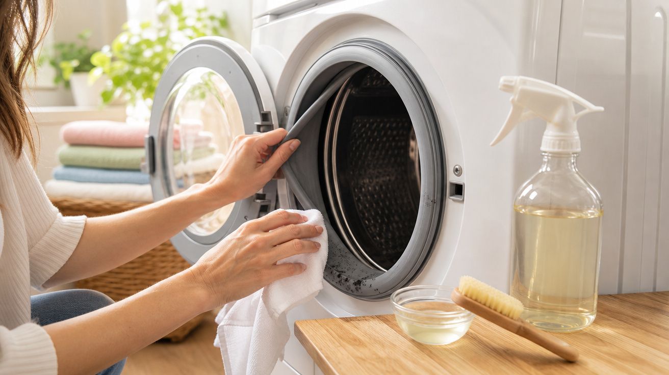 Pessoa a limpar a borracha de uma máquina de lavar roupa com um pano branco dentro de casa.