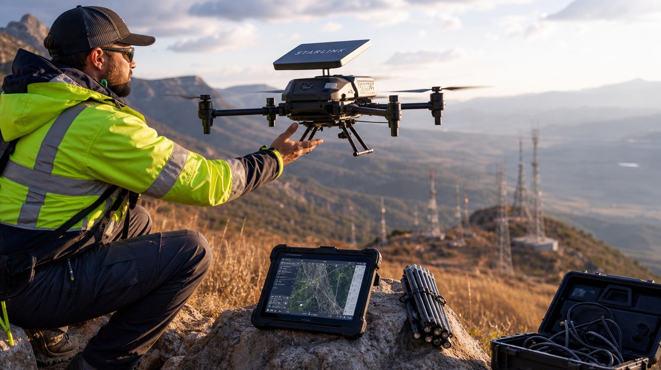 Homem com jaqueta refletora opera drone num terreno montanhoso, com tablet e equipamento ao lado.