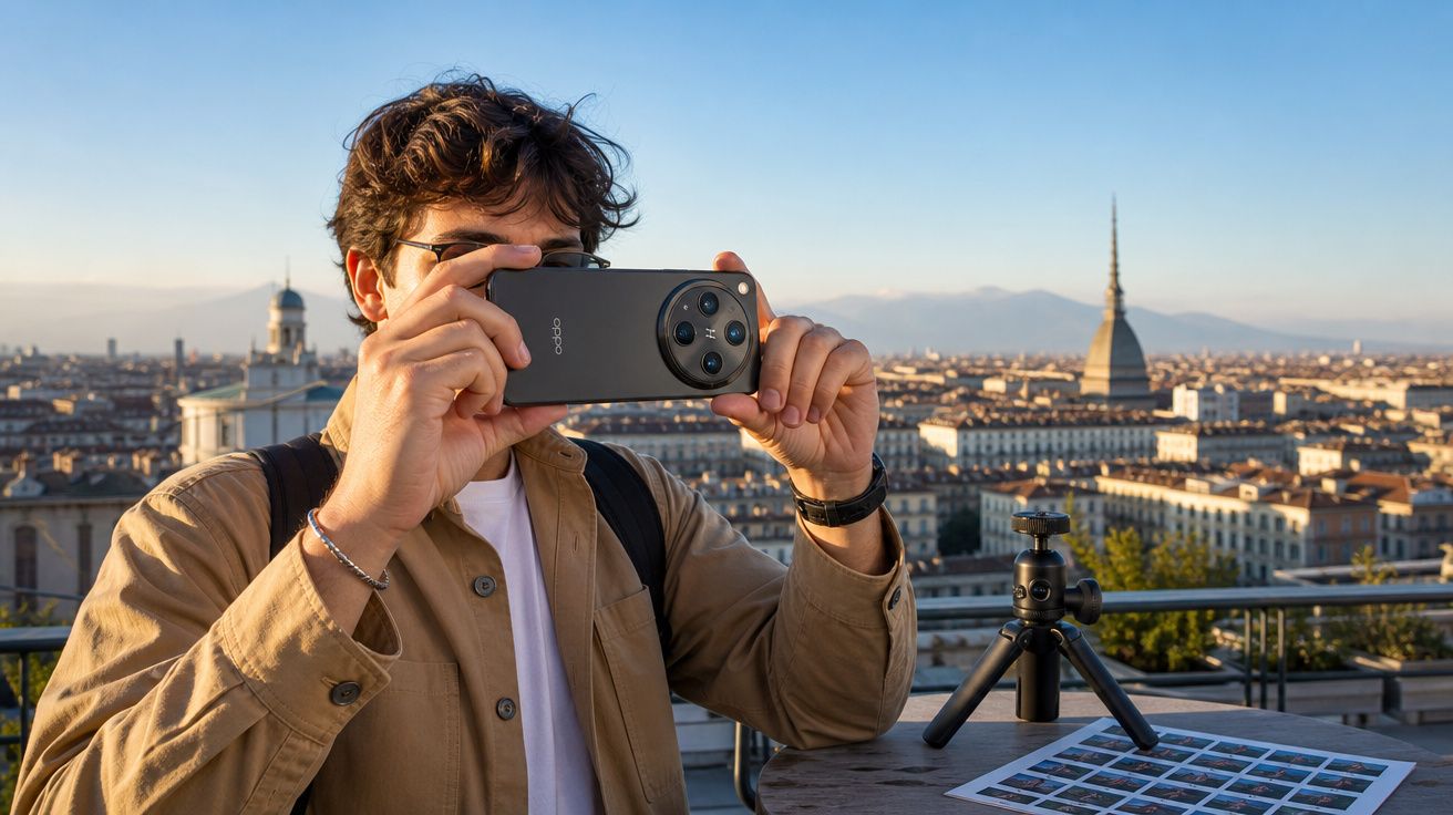 Homem a tirar foto com smartphone num miradouro urbano ao pôr do sol, com tripé na mesa.