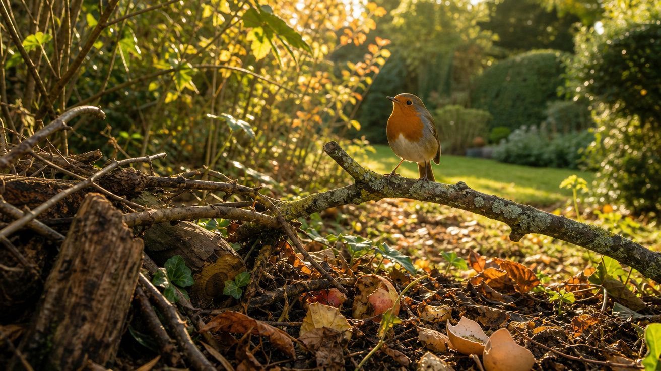 Pássaro de peito laranja pousado num ramo seco dentro de um jardim com folhas caídas ao pôr do sol.