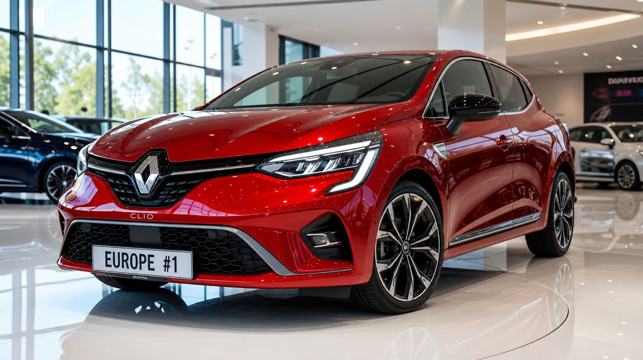 Automóvel Renault Clio vermelho exposto numa sala de show, com detalhes em preto brilhante e matrícula Europe #1.