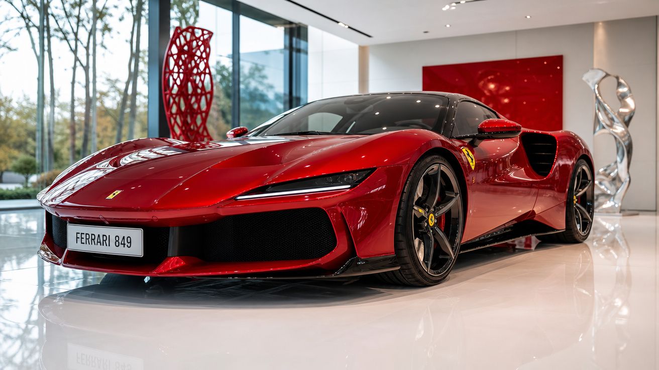 Carro desportivo Ferrari vermelho brilhante exibido num salão moderno com esculturas decorativas.