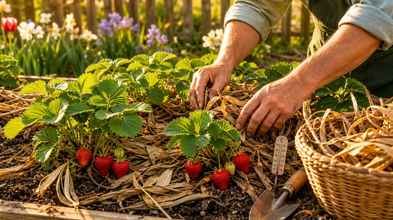 Mãos a cuidar de morangueiros com morangos maduros num jardim ensolarado rodeado por flores coloridas.