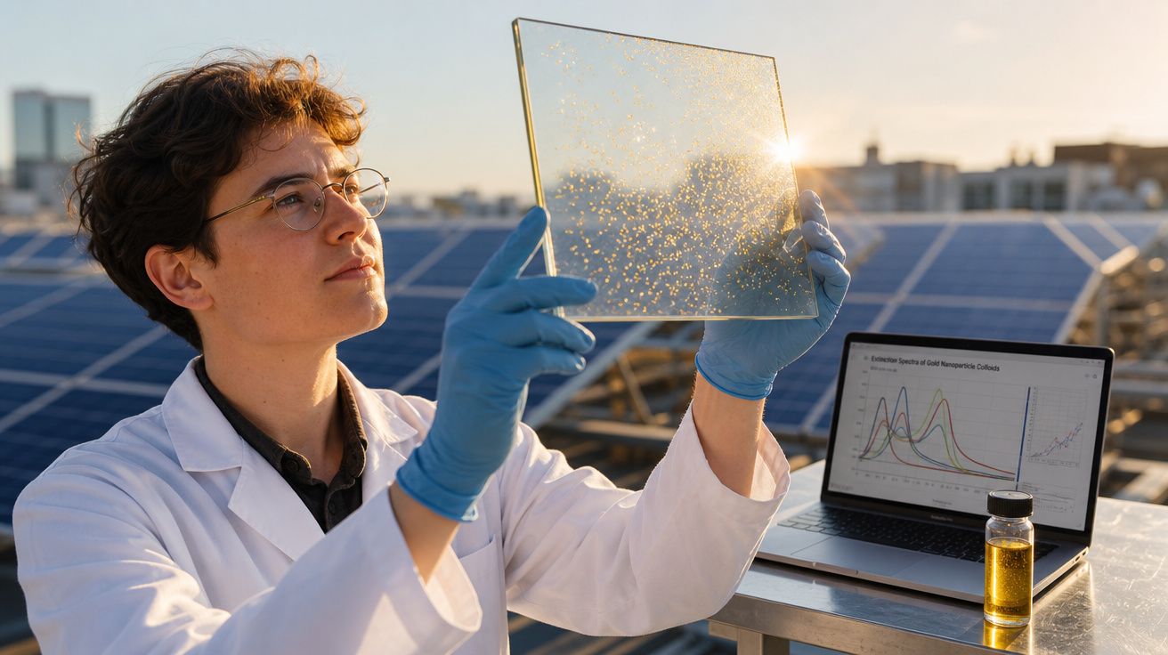 Cientista em laboratório ao ar livre observa painel transparente com partículas, com painéis solares ao fundo.