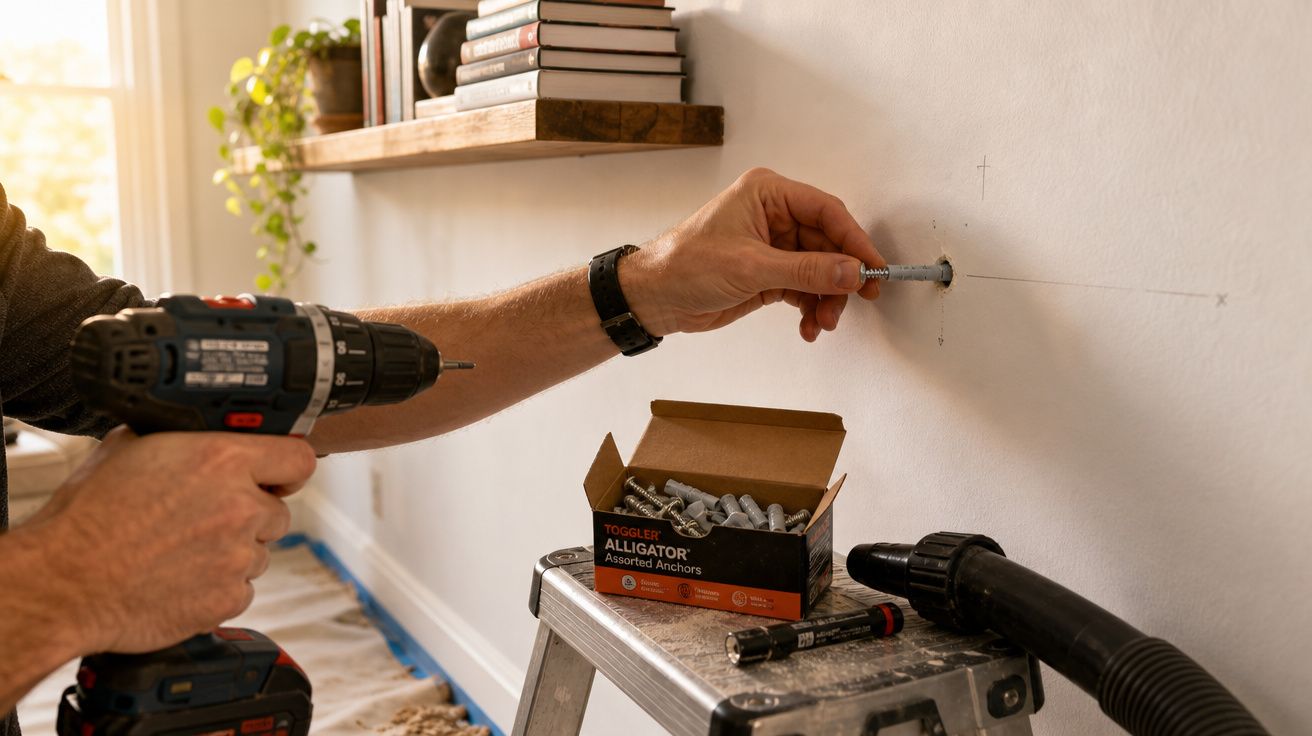 Pessoa a furar e instalar buchas numa parede branca interior, com caixa de buchas em escadote próximo.