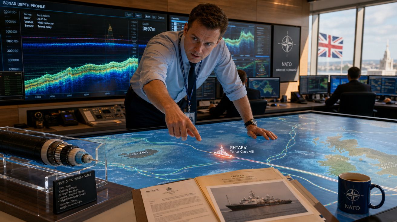 Homem aponta para mapa interativo naval numa sala de comando com monitores e bandeira do Reino Unido.
