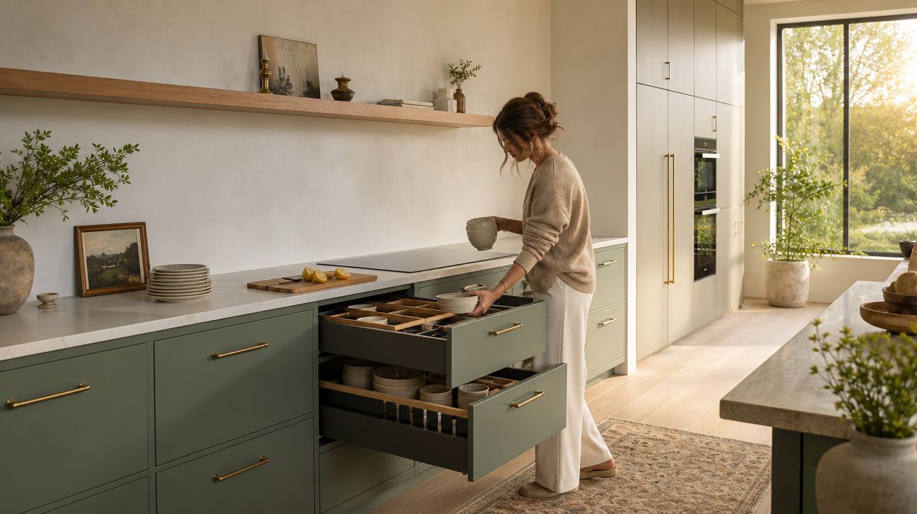 Mulher a organizar pratos em gavetas numa cozinha moderna com armários verdes e decoração minimalista.