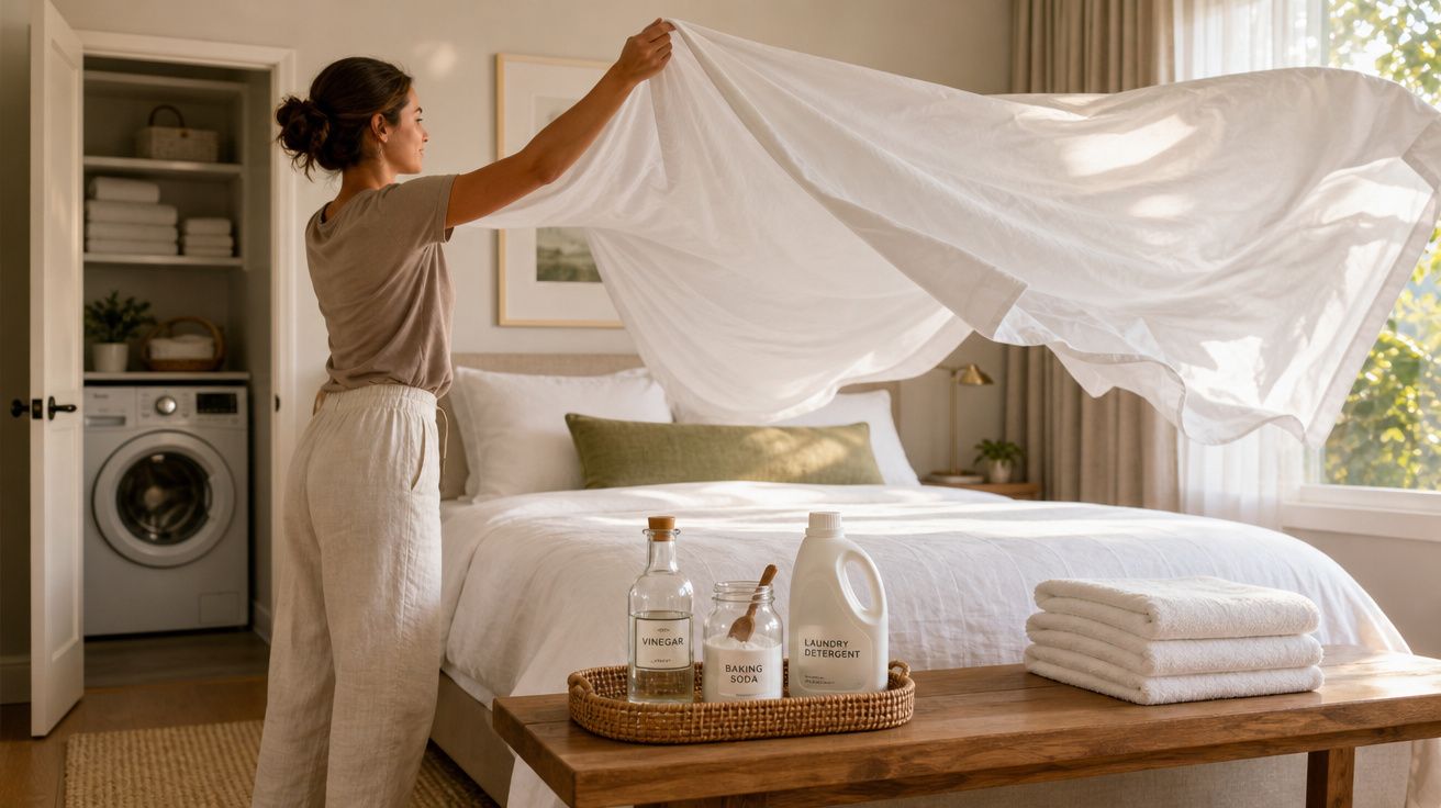 Mulher a estender lençol branco numa cama de quarto iluminado com produtos de lavagem numa mesa à frente.