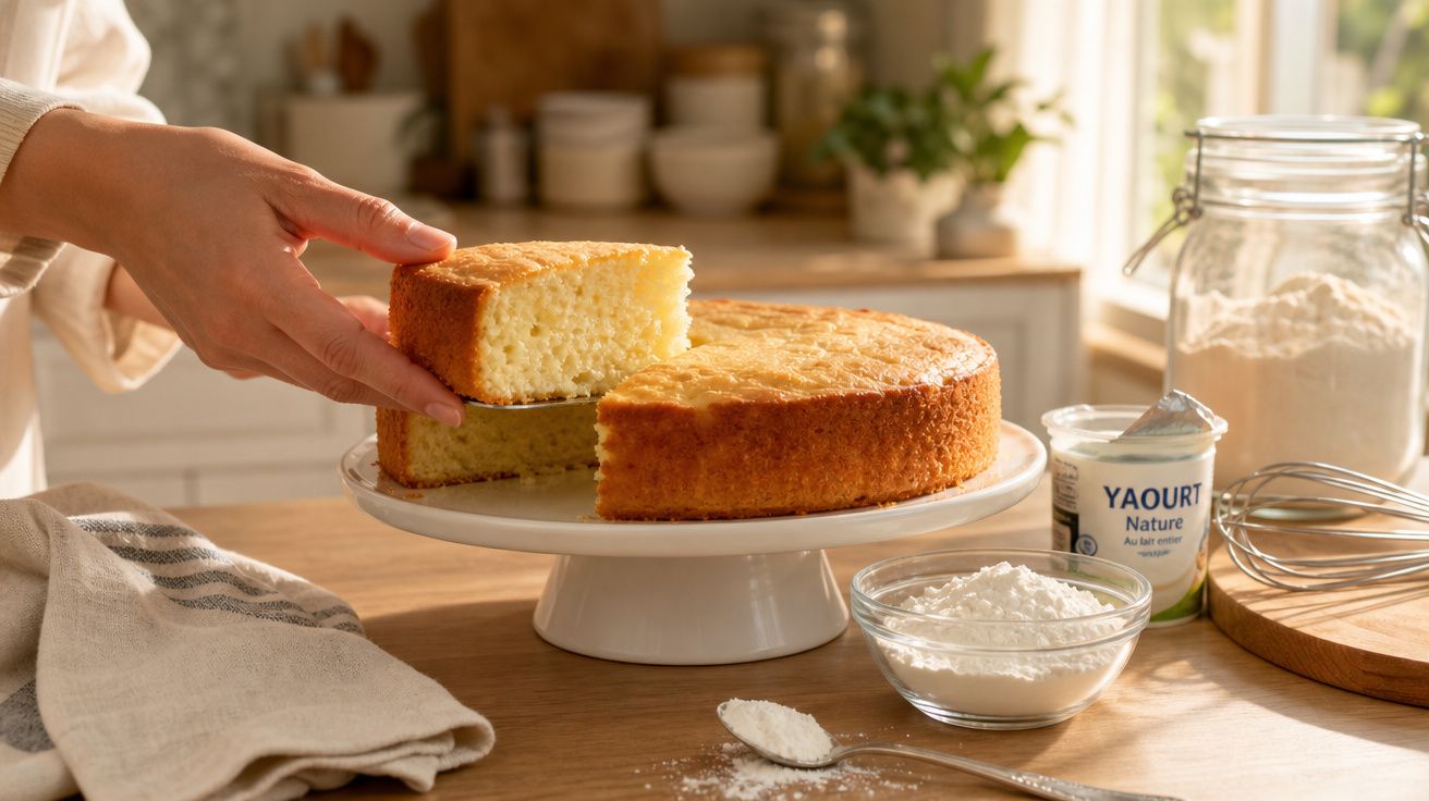 Pessoa a retirar fatia de bolo amarelo fofo numa cozinha iluminada, com ingredientes e utensílios à vista.