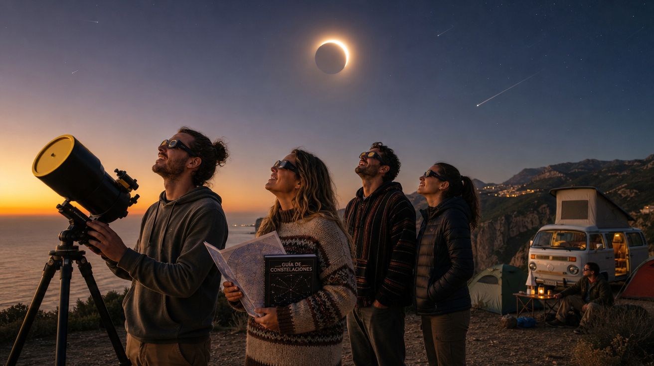 Grupo de quatro pessoas a observar eclipse solar ao pôr do sol com telescópio e mapa de constelações na costa.