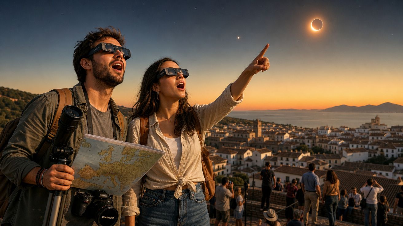 Casal com óculos especiais observa eclipse solar no pôr do sol numa cidade histórica com várias pessoas.