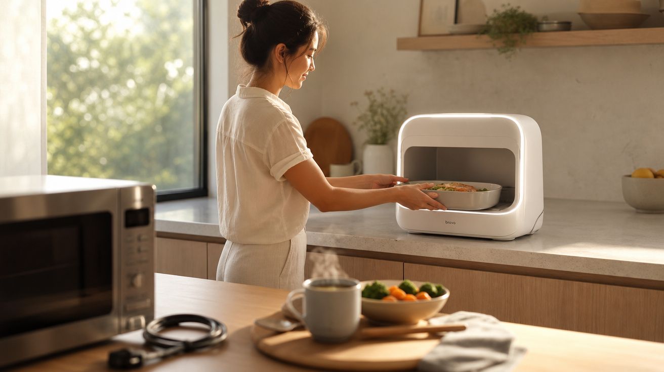 Mulher a retirar prato quente de um forno moderno branco numa cozinha luminosa e minimalista.