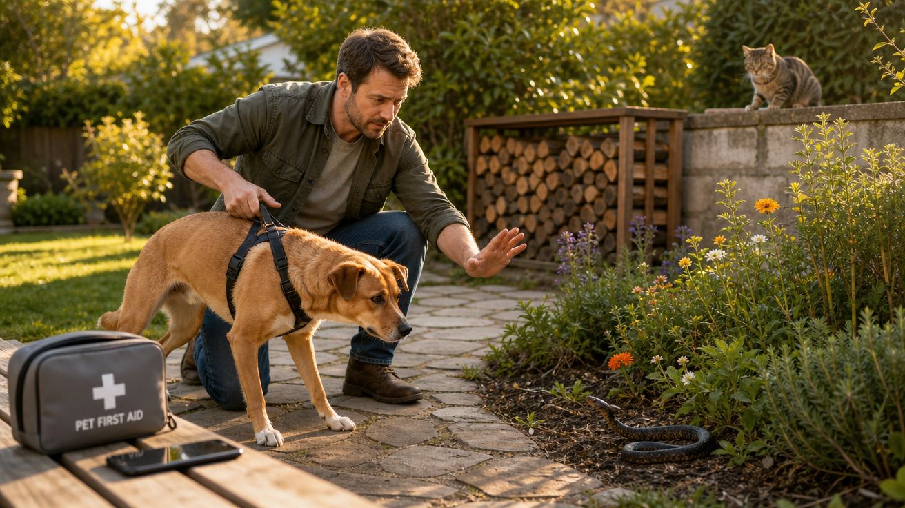 Homem com cão recebe cobra no jardim, com gato observando e kit de primeiros socorros para animais.