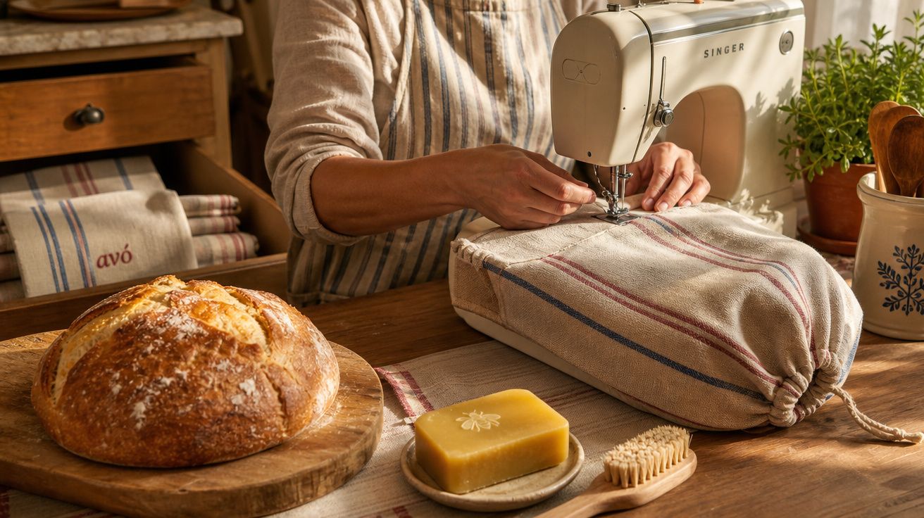 Pessoa a coser capa de pano para pão com máquina de costura vintage, com pão, sabão e escova na mesa.