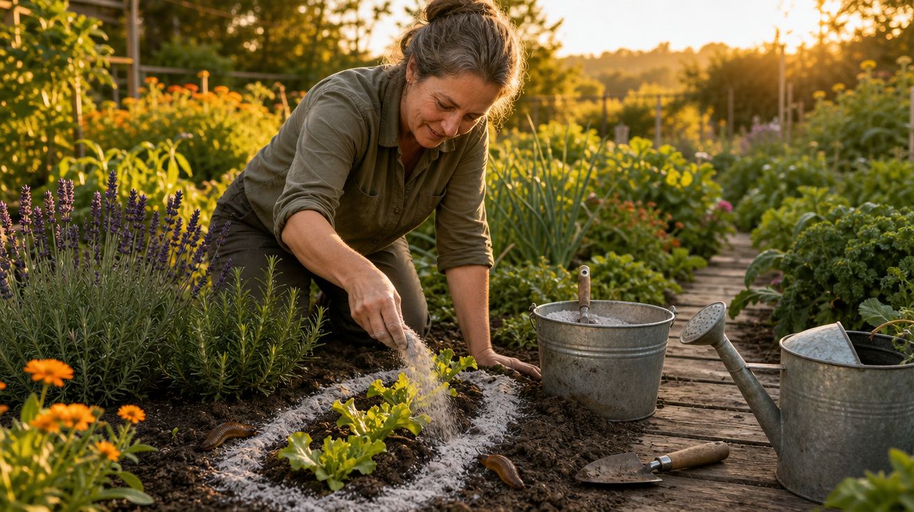 Mulher semeando plantas numa horta ao fim da tarde com ferramentas de jardinagem ao lado.