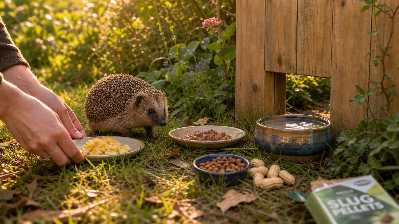 Porco-espinho perto de pratos com comida e água ao ar livre junto a uma mão humana.