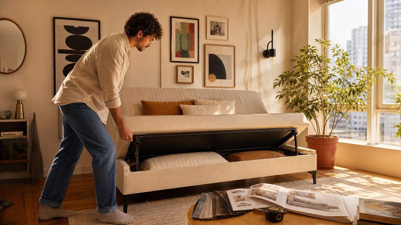 Homem a abrir espaço de arrumação numa cama sofá numa sala iluminada com plantas e quadros decorativos.